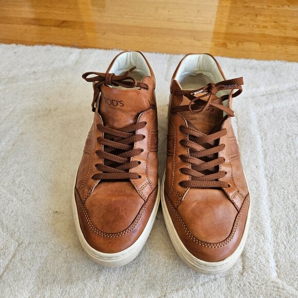 TOD'S Genuine Leather Low top Sneakers Men's 8 Tan Brown Old Money Quiet Luxury - Picture 3 of 6
